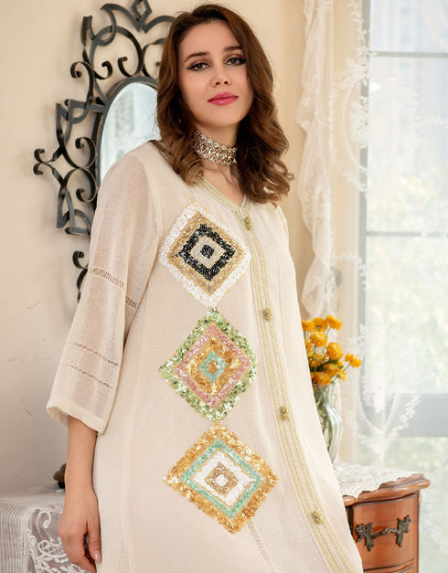 Sequins Jalabiya Imitation Linen Abaya for Evening Party Occasions